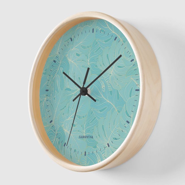 Light blue tropical palm leaves pattern clock (Angle)