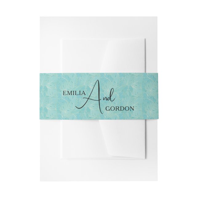 Light blue tropical palm leaves pattern invitation belly band (Front Example)