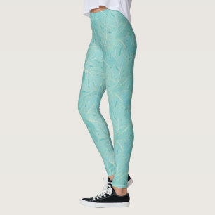 Light blue tropical palm leaves pattern leggings