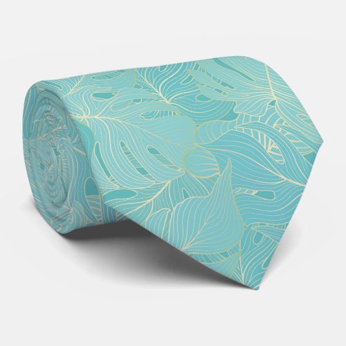 Light blue tropical palm leaves pattern neck tie