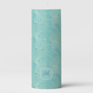 Light blue tropical palm leaves pattern pillar candle