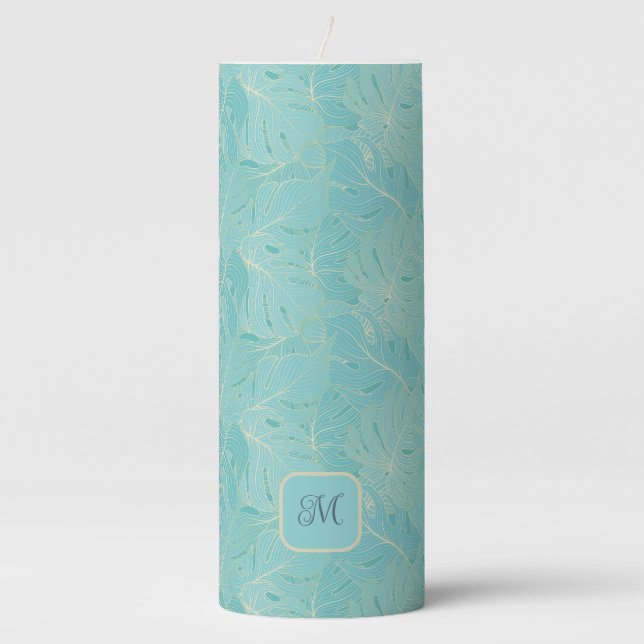 Light blue tropical palm leaves pattern pillar candle (Front)