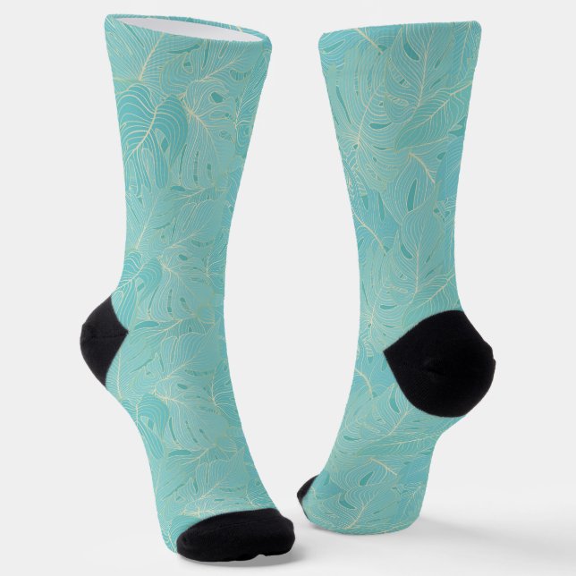 Light blue tropical palm leaves pattern socks (Angled)
