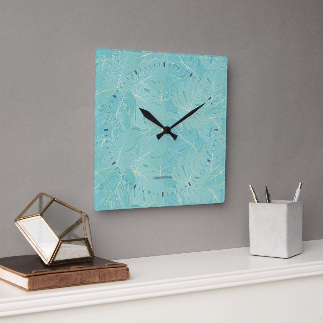Light blue tropical palm leaves pattern square wall clock (Office)