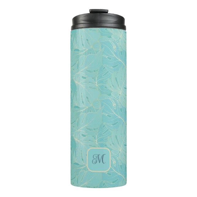 Light blue tropical palm leaves pattern thermal tumbler (Front)
