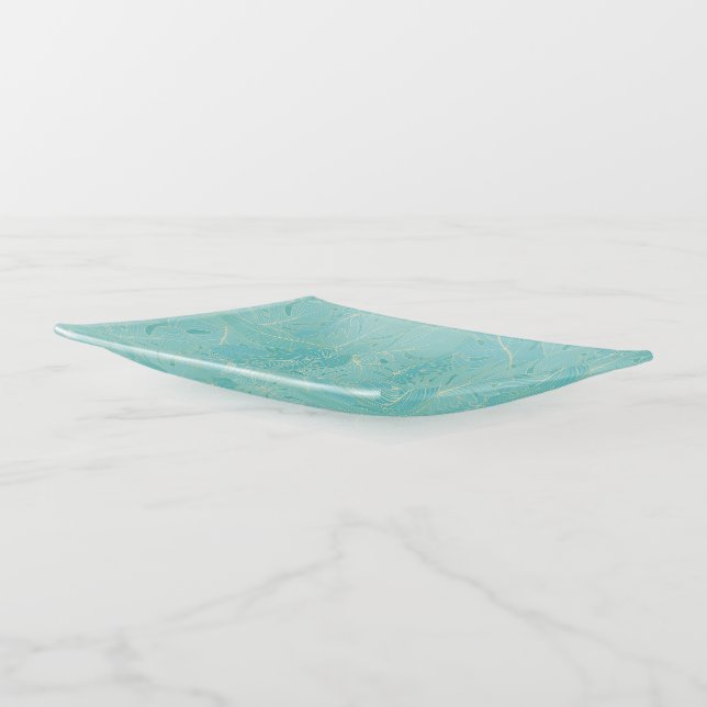 Light blue tropical palm leaves pattern trinket tray (Angled)