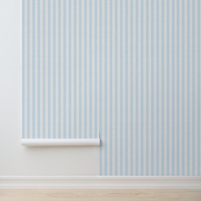 Light Blue Vertical Stripes Linen Look Coastal Wallpaper (Application)