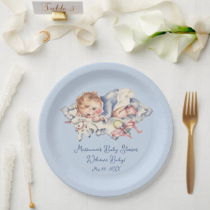 Light Blue Vintage Baby Boy Baby Shower Paper Plates
