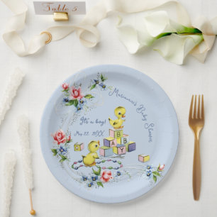 Light Blue Vintage Baby Boy Baby Shower Paper Plates