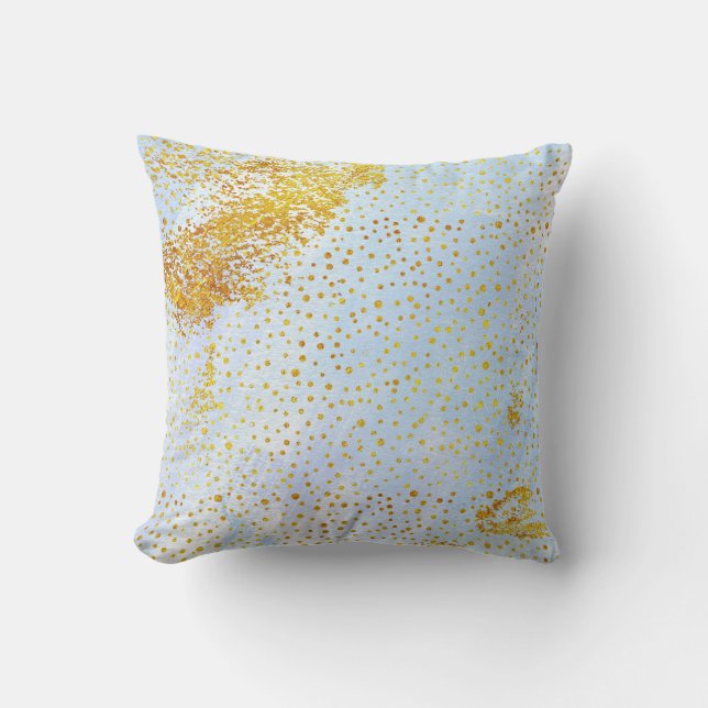 Light blue watercolor and gold foil confetti throw pillow (Front)