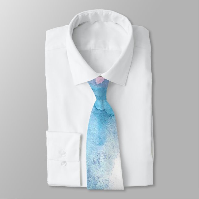 Light Blue Watercolor Beach Ocean Wedding Neck Tie (Tied)