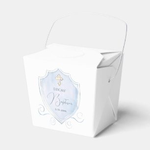 Light Blue Watercolor Crest Baptism Take Out Favor Boxes