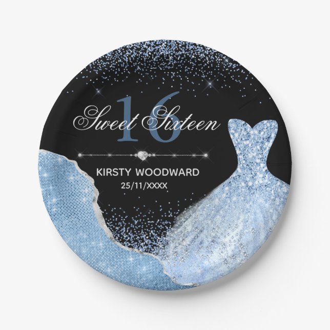 Light Blue Watercolor Dress Sweet 16 Birthday Paper Plates (Front)