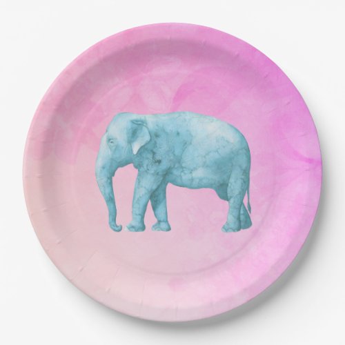 Light Blue Watercolor Elephant on Pink Background Paper Plates