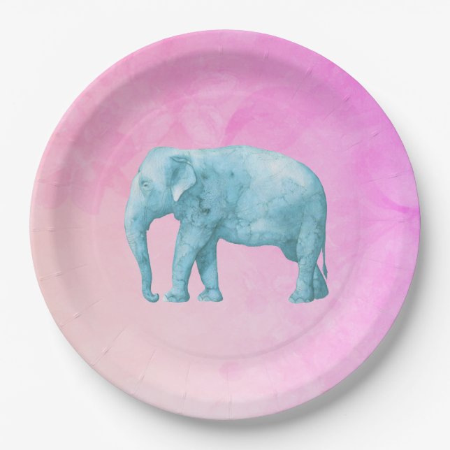 Light Blue Watercolor Elephant on Pink Background Paper Plates (Front)