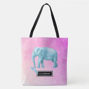 Light Blue Watercolor Elephant on Pink Background Tote Bag