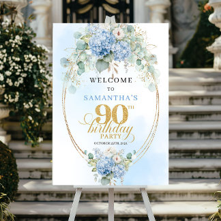 Light Blue Watercolor Floral 90th birthday welcome Poster