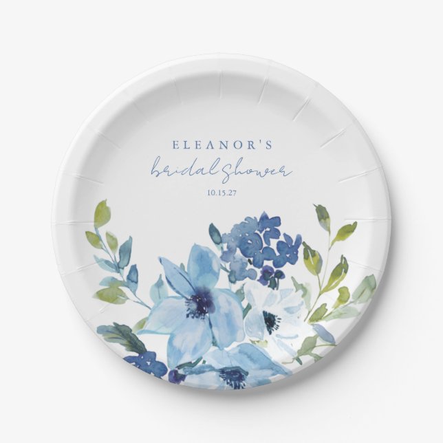 Light Blue Watercolor Floral Bridal Shower Custom Paper Plates (Front)