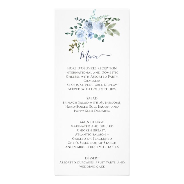 Light Blue Watercolor Floral | Navy Wedding Menu (Front)