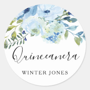 Light Blue Watercolor Floral Quinceanera Party Classic Round Sticker