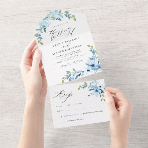 light blue watercolor floral wedding  all in one invitation