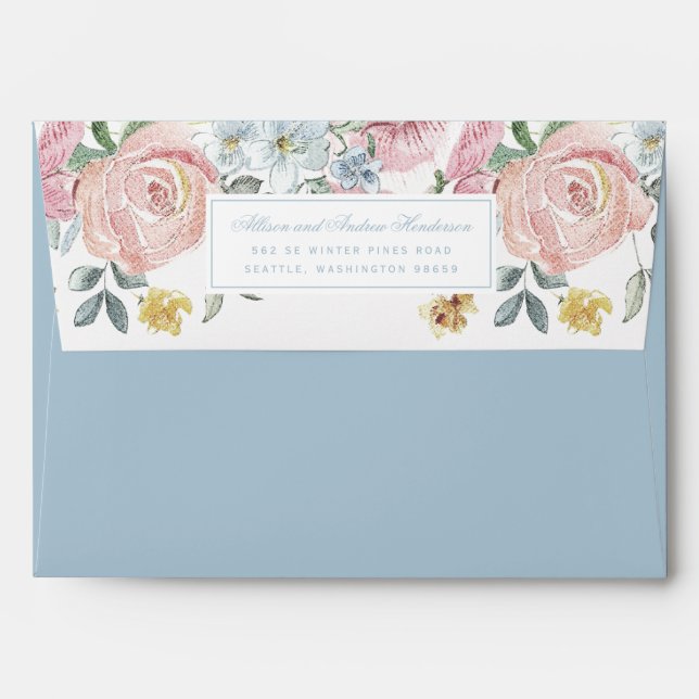 Light Blue Watercolor Floral Wedding Envelope (Back (Top Flap))