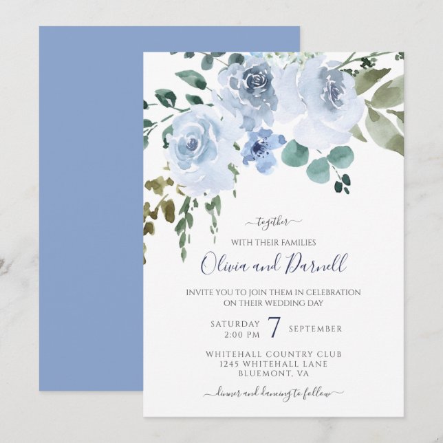 Light Blue Watercolor Floral Wedding I Invitation (Front/Back)