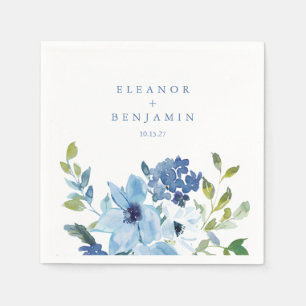 Light Blue Watercolor Floral Wedding Names Custom Napkins