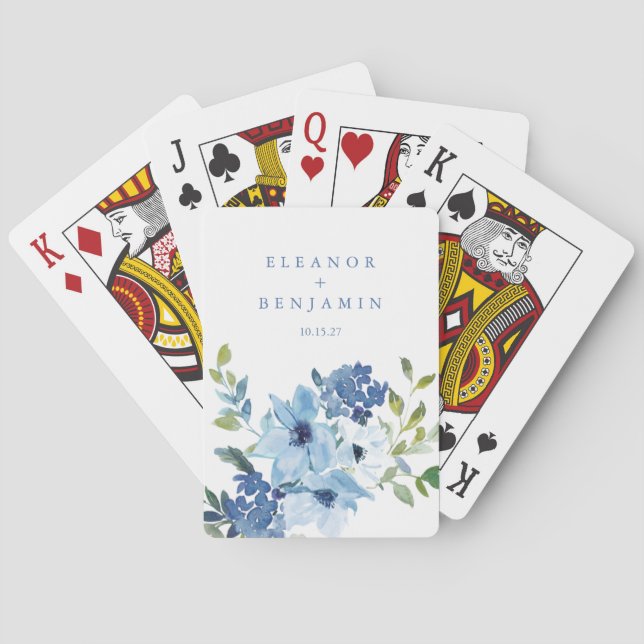 Light Blue Watercolor Floral Wedding Names Favor Poker Cards (Back)