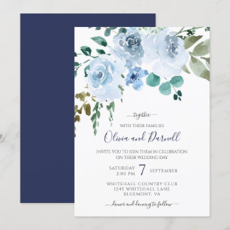 Light Blue Watercolor Floral Wedding | Navy Invitation