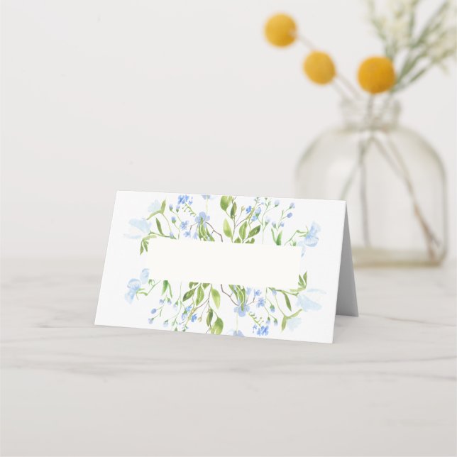 Light Blue Watercolor Flowers Folded Place Card (Front)