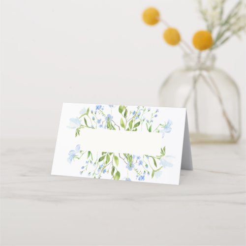 Light Blue Watercolor Flowers Folded Place Card