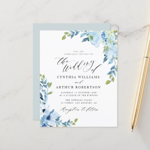 light blue watercolor flowers wedding invitation