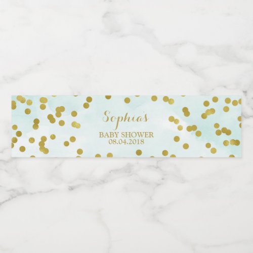 Light Blue Watercolor Gold Confetti Baby Shower Water Bottle Label