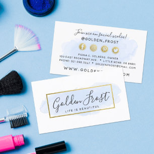 Light Blue Watercolor & Gold Social Media Network Business Card