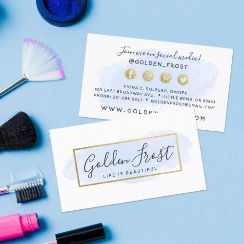 Light Blue Watercolor  Gold Social Media Network Business Card