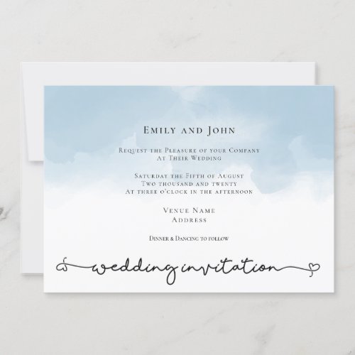 Light Blue Watercolor Heart Swash Script Wedding Invitation