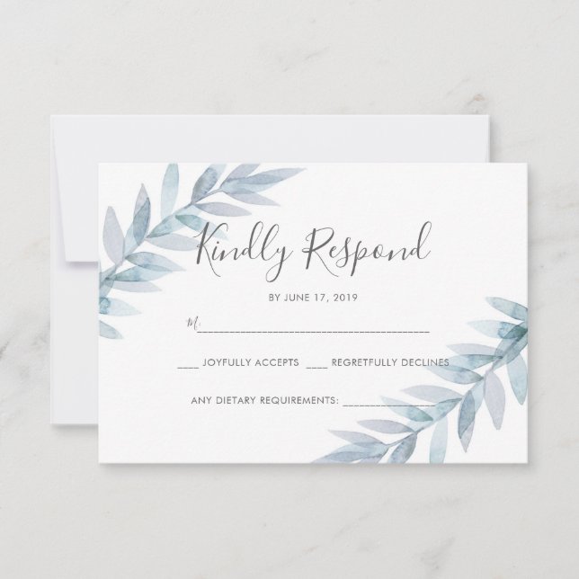 Light blue watercolor leaves RSVP cards (Front)