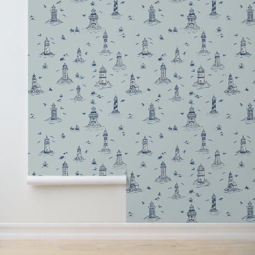 Light Blue Watercolor Lighthouse Coastal Toile Wallpaper