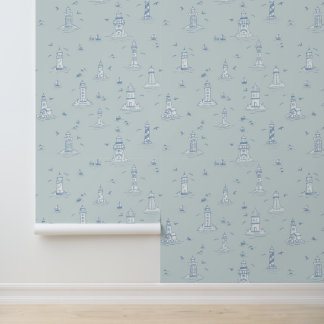Light Blue Watercolor Lighthouse Toile Coastal Wallpaper