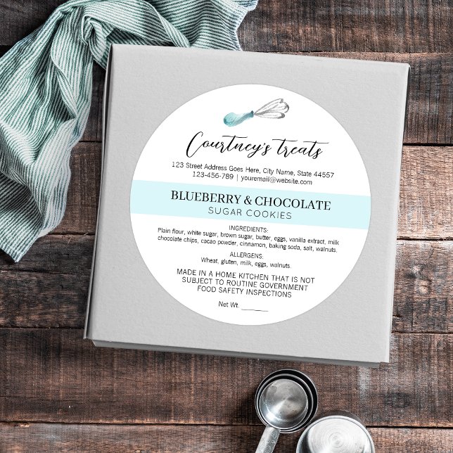 Light Blue Watercolor Logo Home Bakery Cottage Law Classic Round Sticker (Light blue watercolor whisk foor ingredients and allergens labels)
