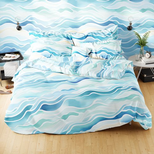 Light Blue Watercolor Ocean Waves Pattern Duvet Cover