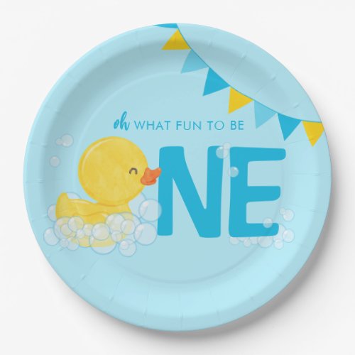 Light Blue Watercolor Rubber Duck ONE 1st Birthday Paper Plates