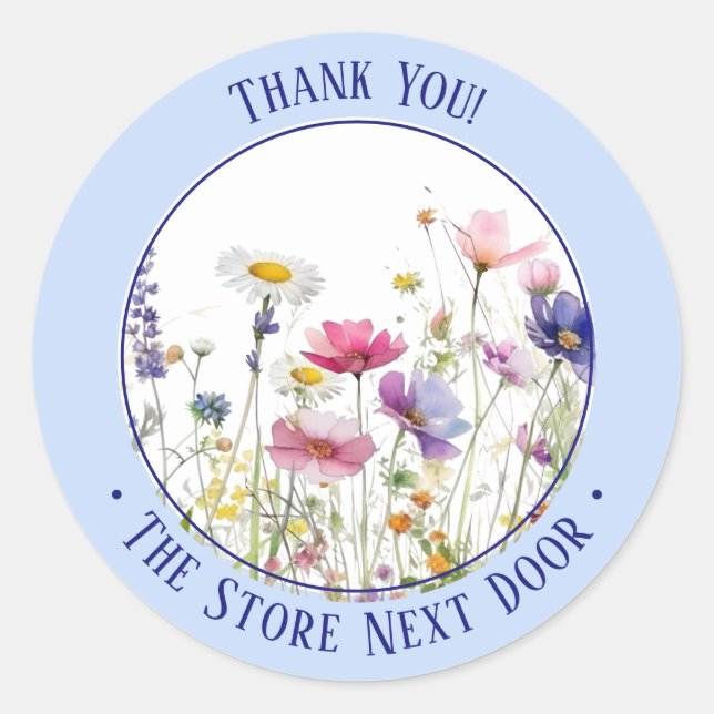 Light blue Watercolor wildflowers Thank you Classic Round Sticker (Front)