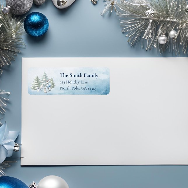 Light Blue Watercolor Woodland Animals Christmas  Label (woodland creature water color background address return label)