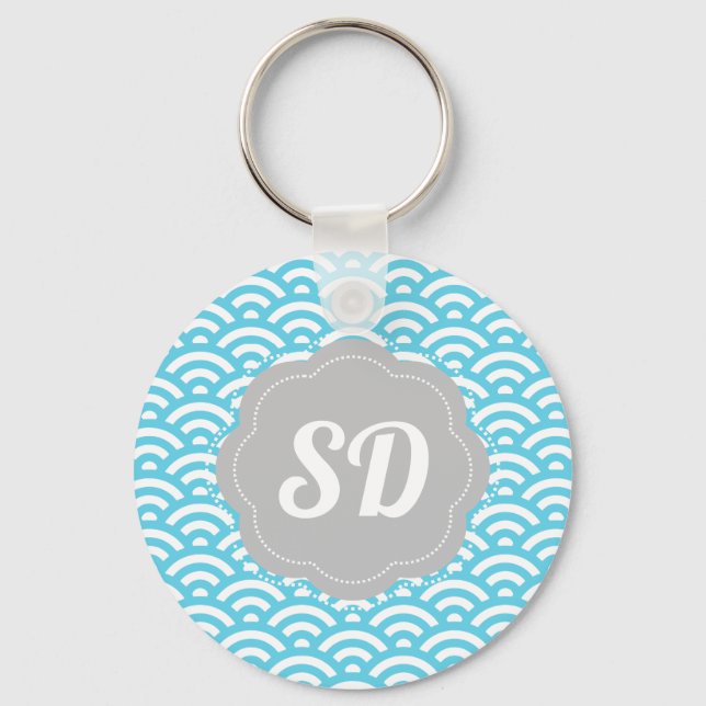 Light Blue Wave Custom Monogram Keychain (Front)