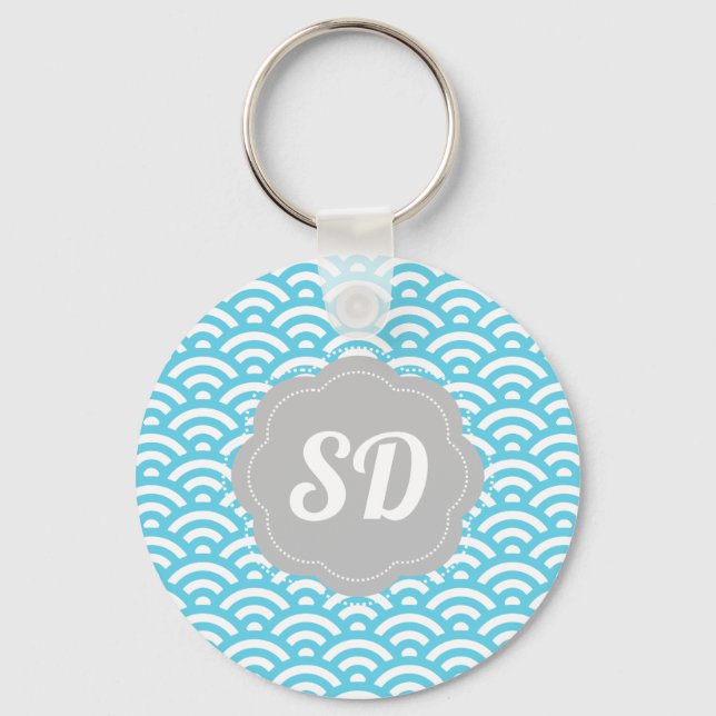 Light Blue Wave Custom Monogram Keychain (Front)