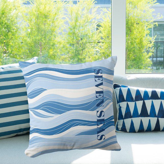 Light blue waves ocean text modern coastal throw pillow (Creator Uploaded)