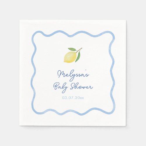 Light Blue Wavy Border Lemons Sweet Baby Shower Napkins