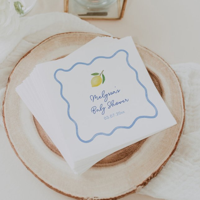 Light Blue Wavy Border Lemons Sweet Baby Shower Napkins (Squiggle border Mediterranean boy baby shower napkin design with watercolor lemon)